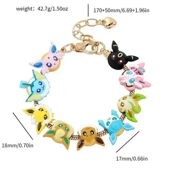 Gold Plated Pokémon Eeveelution Themed Charm Bracelet Adjustable Sizing Design - Picture 4 of 8